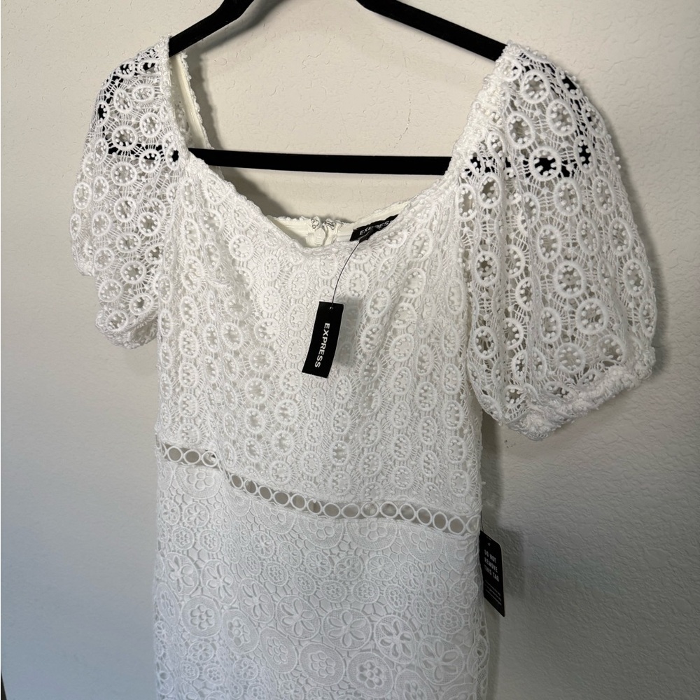 Express White Off The Shoulder Crochet Lace Midi Pencil Dress XS NEW - Picture 8 of 10